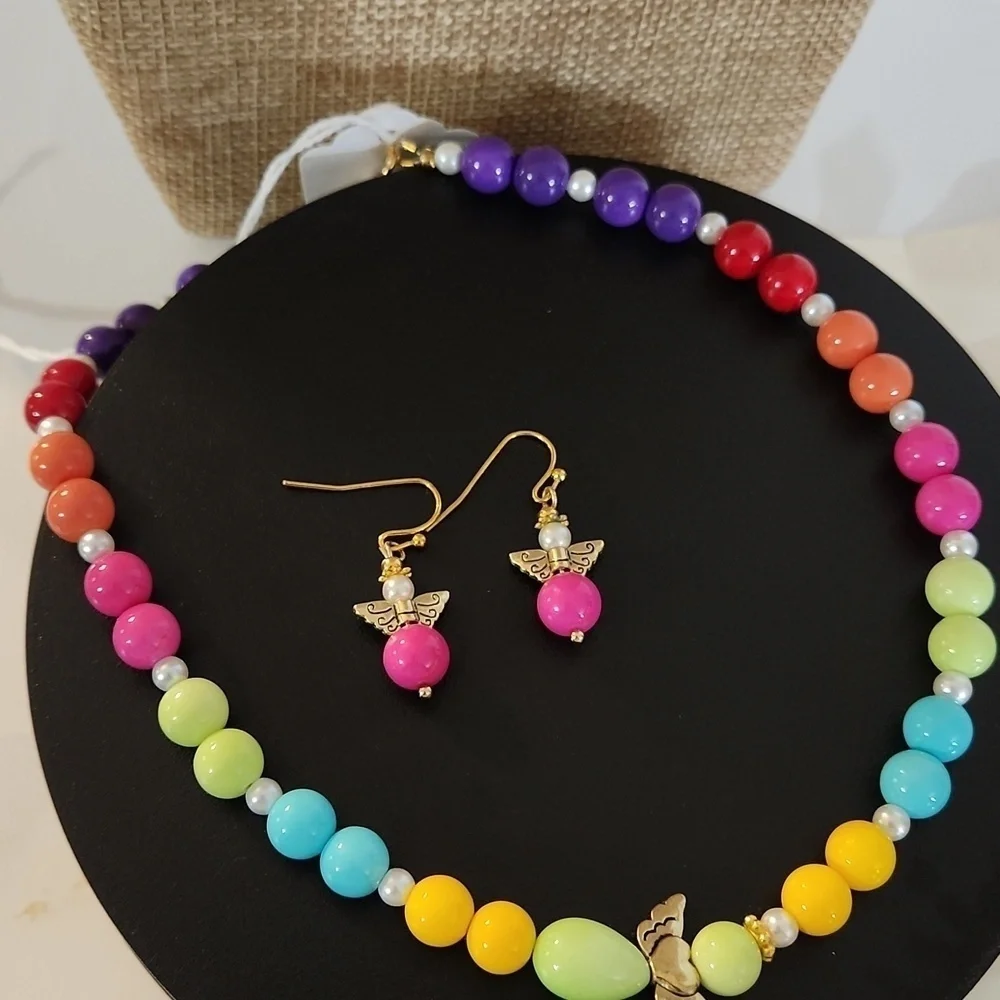 Hand Crafted Necklace and Pierced Drop Earrings Angel Wings Pearls Pink Beads